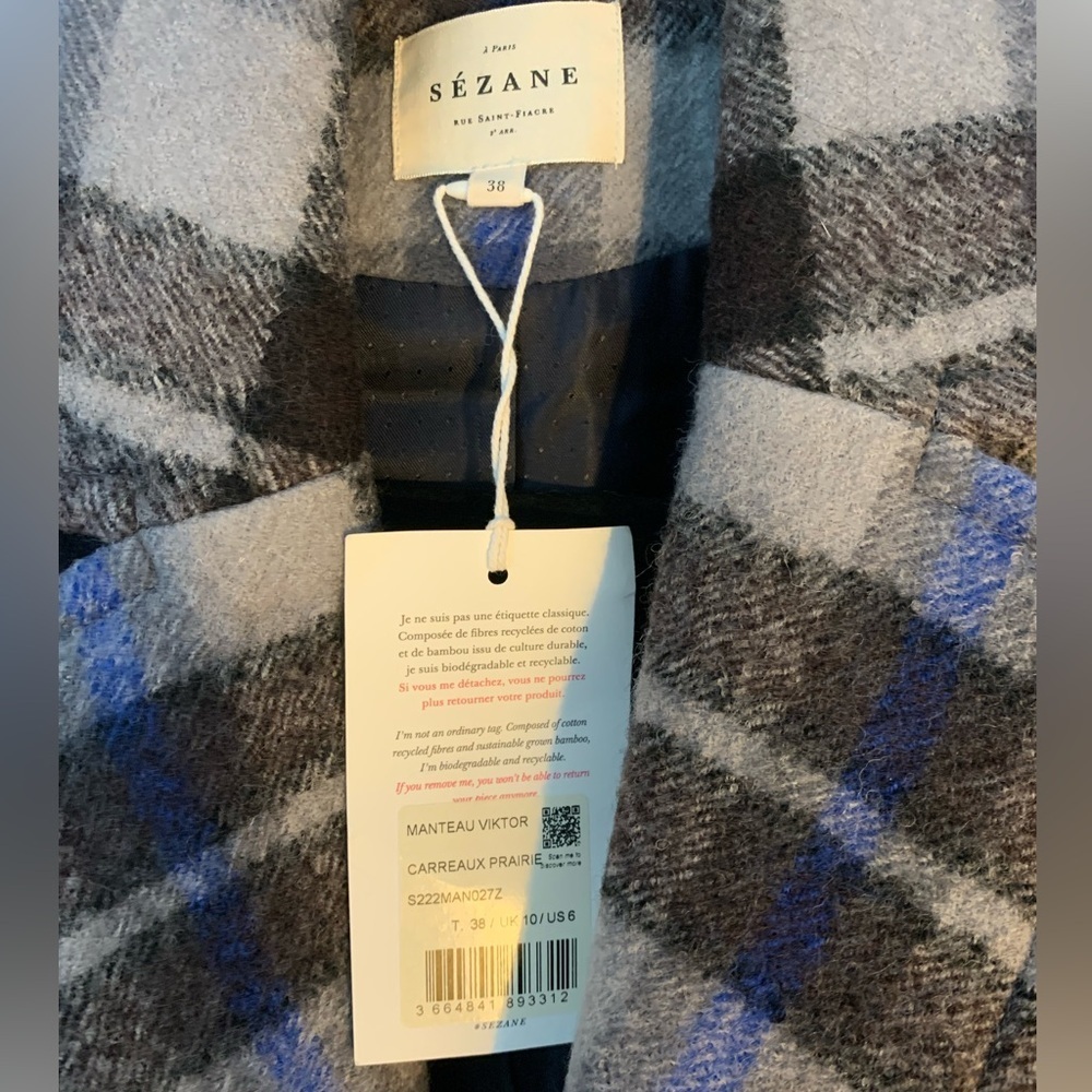 Sézane Viktor Long Wool Coat in Prairie Check NWT - Picture 9 of 11